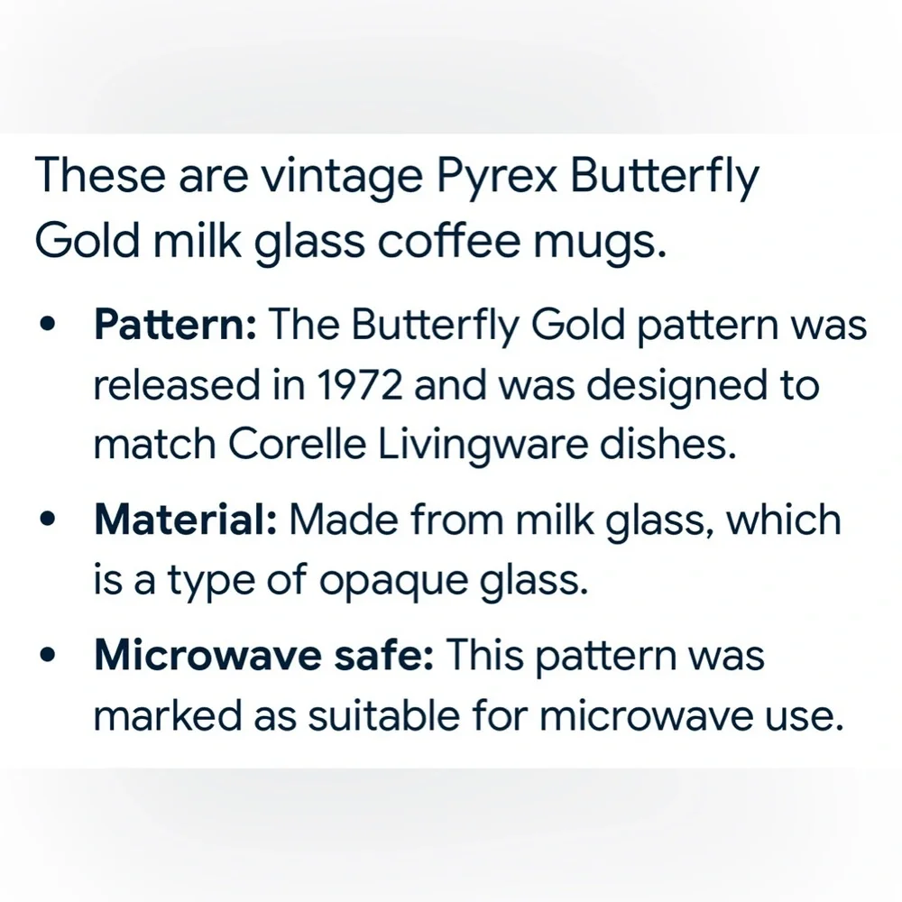 Pyrex Butterfly Gold 8 Ounce Coffee or Tea Cups Microwave Safe